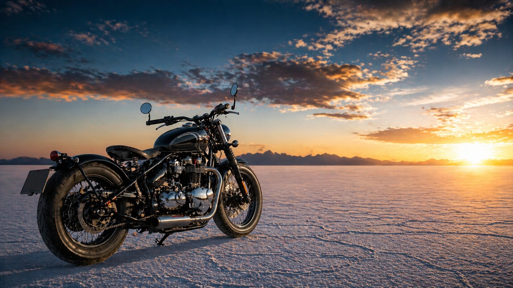 Motorcycle parked on Bonneville Salt Flats at sunset